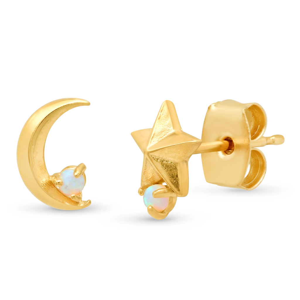 Star and Moon Studs with Opal Accent