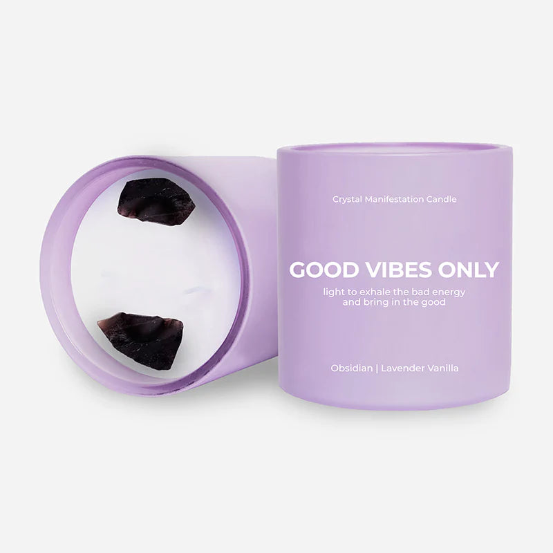 Good Vibes Only Crystal Manifestation Candle- Lavender Vanilla with Obsidian