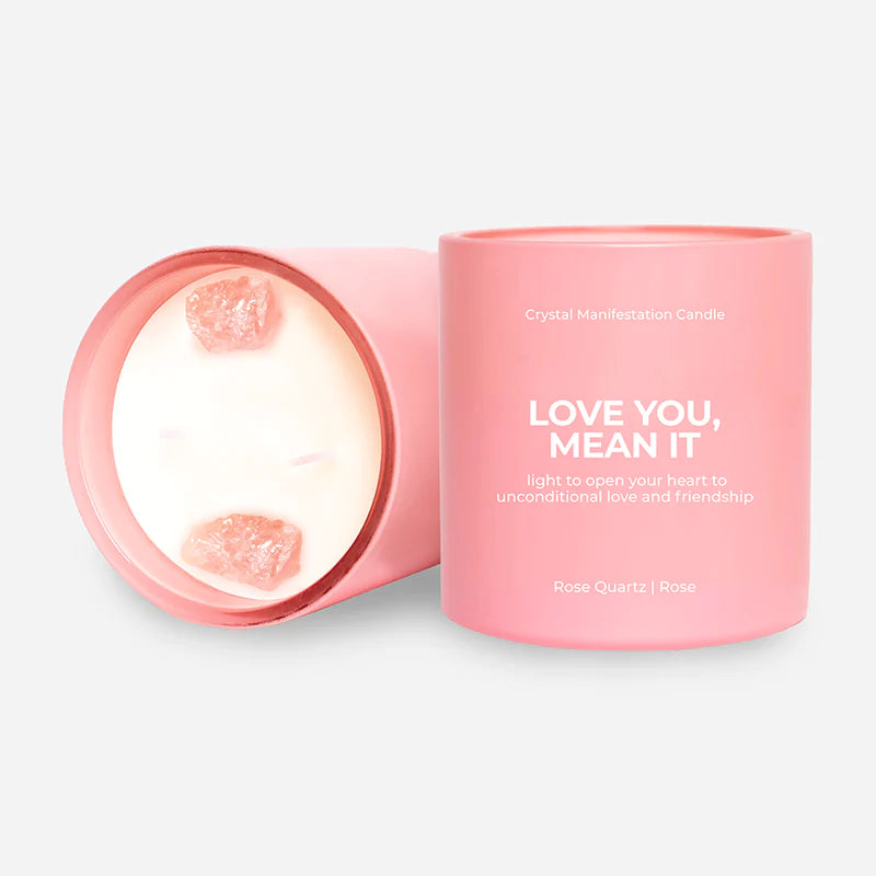 Love You, Mean It Crystal Manifestation Candle- Rose Scented with Rose Quartz