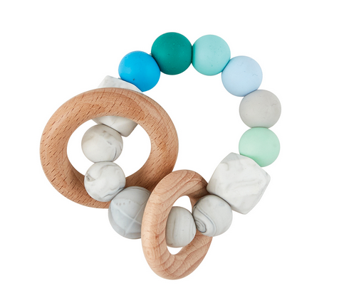 Natural Wood & Silicon Teether- Blue/Green