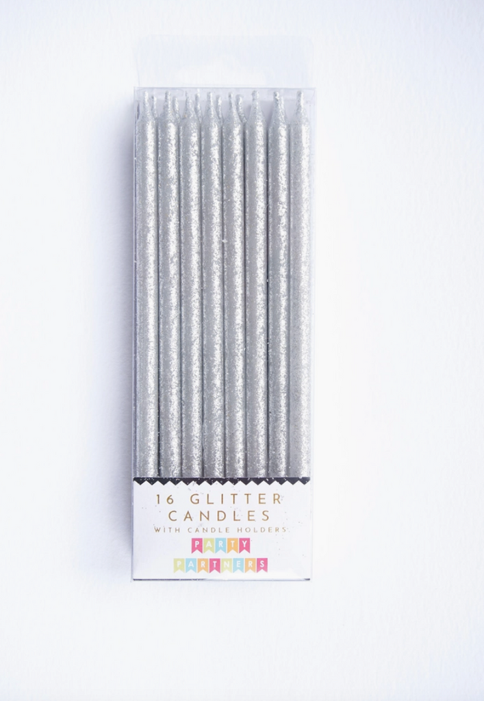 Tall Solid Silver Glitter 16 Candles Set