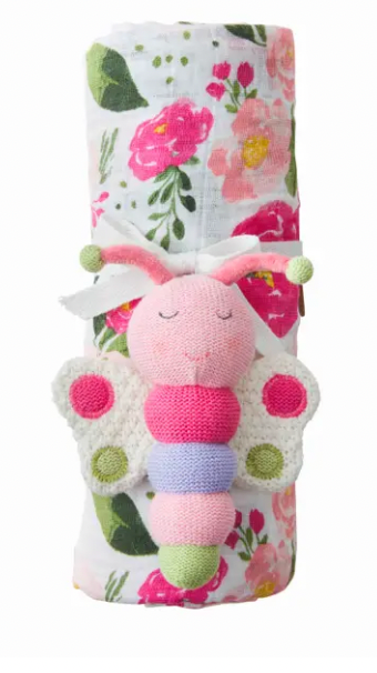 Floral Swaddle and Rattle Set