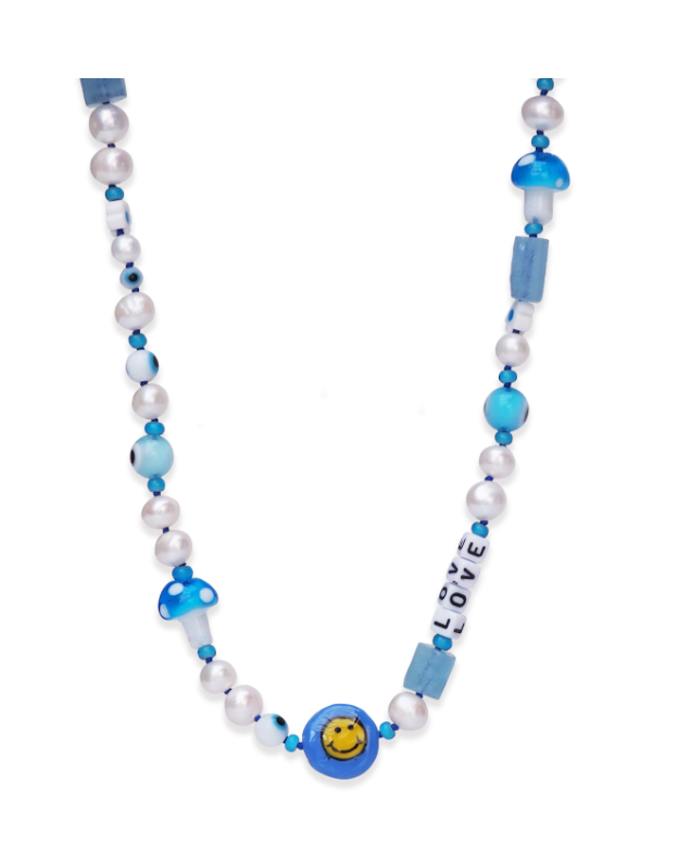 Handmade Beaded Mixed Media Necklace Love- Blue
